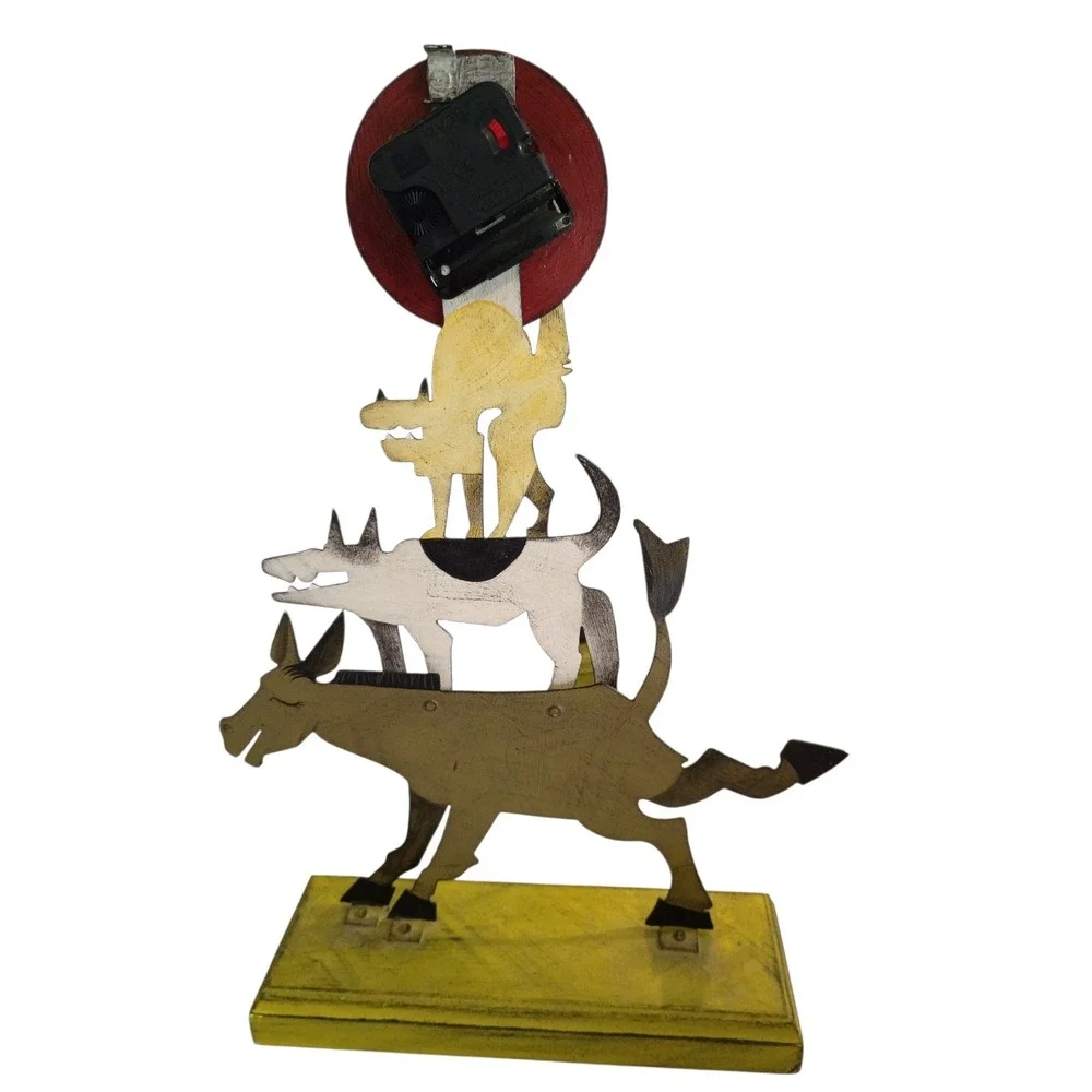 Whimsical Folk Art Wooden Shelf Clock Town Musician Bremen Donkey Dog Cat Signed